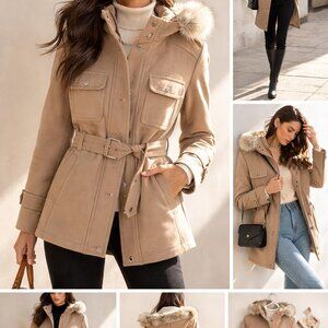 Esprit Tan Utility Jacket Faux Fur Trim Hood Belted Coat Size M